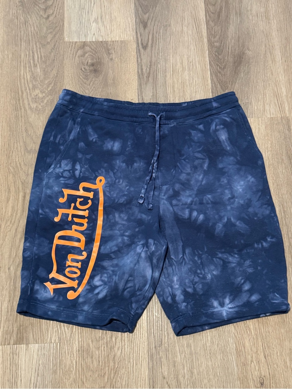 NEW Von Dutch Navy Tie-Dye Shorts with Orange Logo - Picture 2 of 3